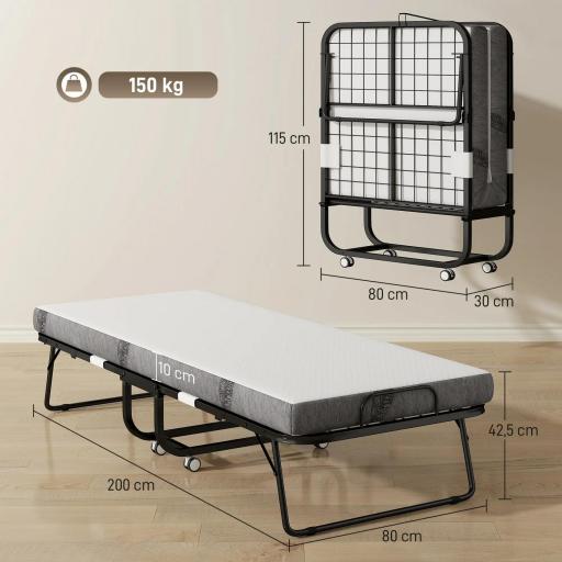 Cama Plegable 200x80 cm con 4 Ruedas, Cama de Camping Portátil, con Colchón Individual de 10 cm, Marco de Acero, Carga 150 kg, para Dormitorio, Salón, Oficina, Blanco [1]