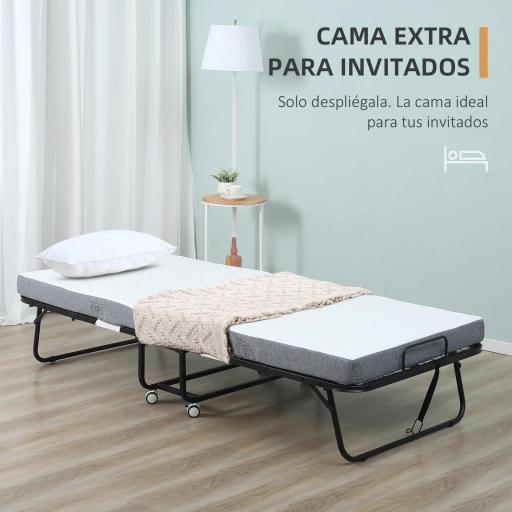 Cama Plegable 200x80 cm con 4 Ruedas, Cama de Camping Portátil, con Colchón Individual de 10 cm, Marco de Acero, Carga 150 kg, para Dormitorio, Salón, Oficina, Blanco [2]