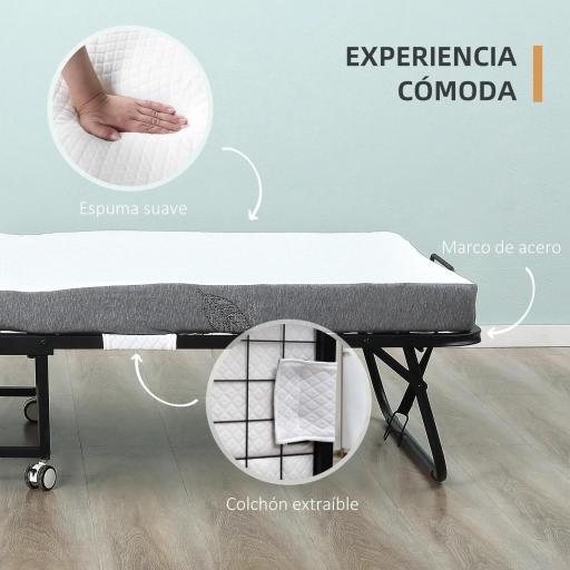 Cama Plegable 200x80 cm con 4 Ruedas, Cama de Camping Portátil, con Colchón Individual de 10 cm, Marco de Acero, Carga 150 kg, para Dormitorio, Salón, Oficina, Blanco [4]