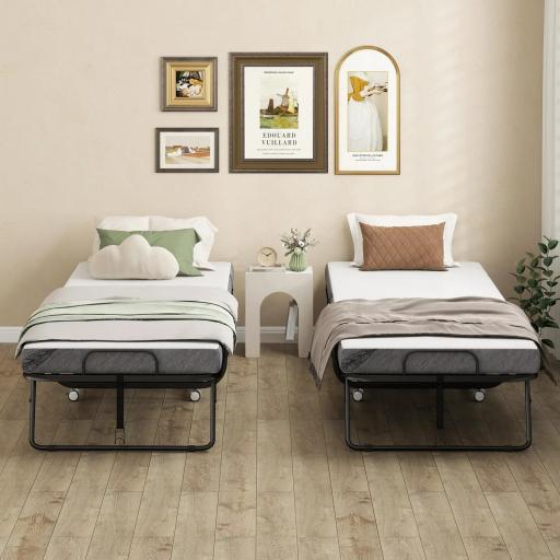 Cama Plegable 200x80 cm con 4 Ruedas, Cama de Camping Portátil, con Colchón Individual de 10 cm, Marco de Acero, Carga 150 kg, para Dormitorio, Salón, Oficina, Blanco [3]