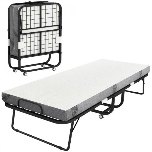 Cama Plegable 200x80 cm con 4 Ruedas, Cama de Camping Portátil, con Colchón Individual de 10 cm, Marco de Acero, Carga 150 kg, para Dormitorio, Salón, Oficina, Blanco [9]