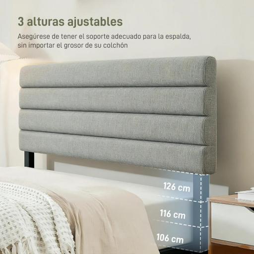 Cabecero de Cama 140 cm Tapizado en Lino Altura Ajustable de 3 Niveles 106/116/126 cm Montado a la Pared Gris [2]