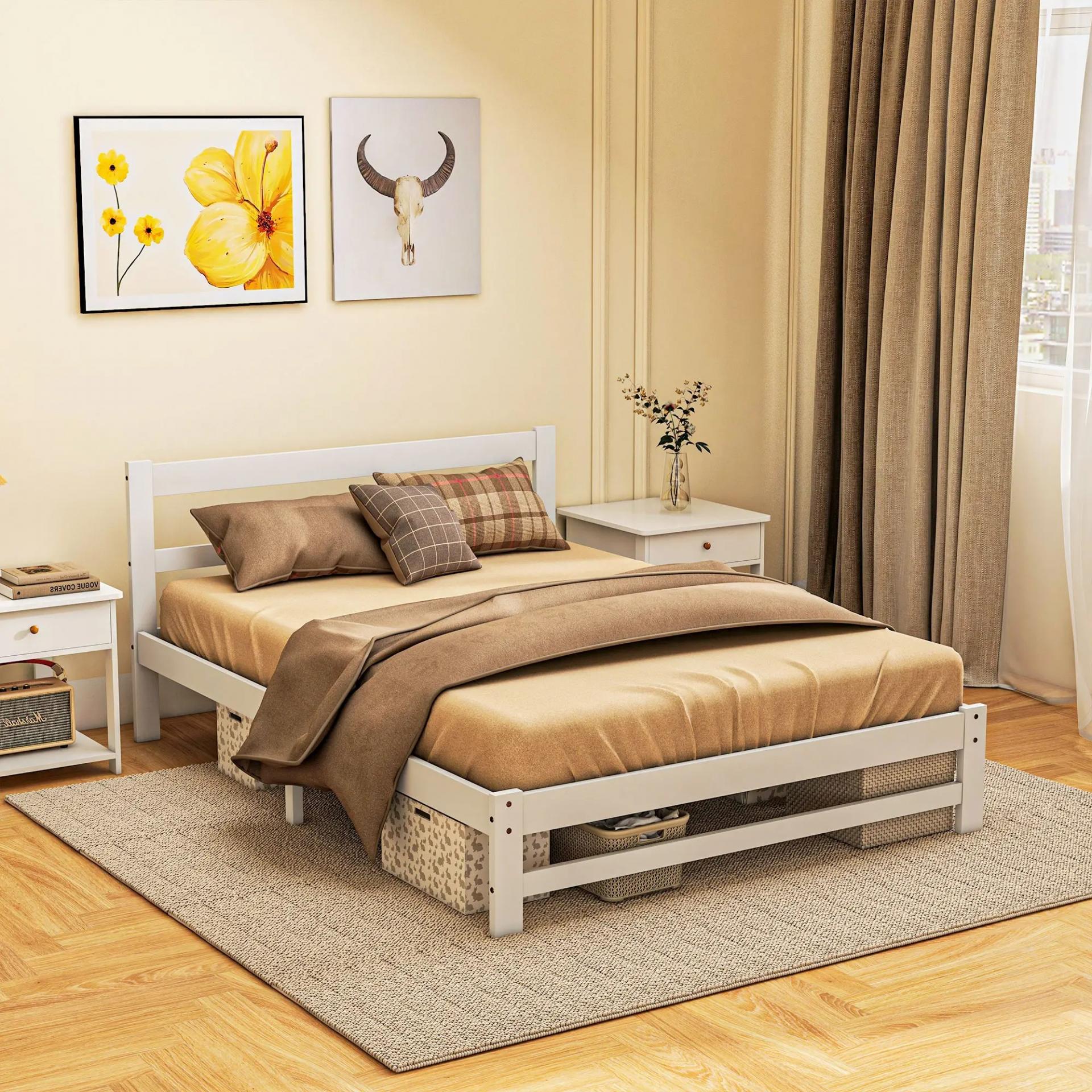 Marco de Cama de Madera 195x141 cm Estructura de Cama Doble para Colchón de 135x190 cm (no incluido) Carga 300 kg Blanco