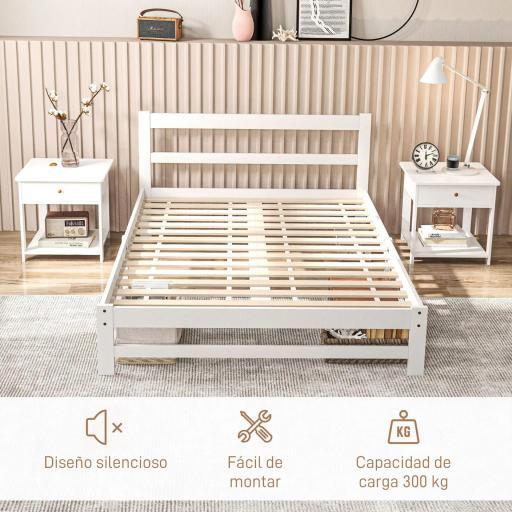 Marco de Cama de Madera 195x141 cm Estructura de Cama Doble para Colchón de 135x190 cm (no incluido) Carga 300 kg Blanco [6]