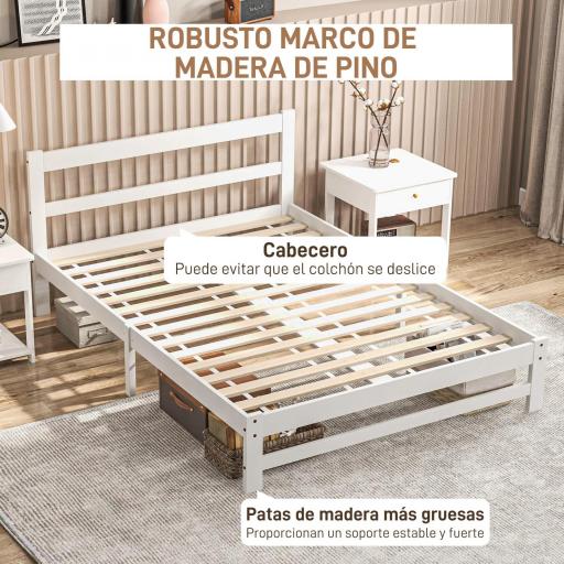 Marco de Cama de Madera 195x141 cm Estructura de Cama Doble para Colchón de 135x190 cm (no incluido) Carga 300 kg Blanco [5]
