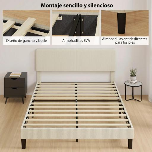 Somier 160x200 cm con Cabecero Ajustable Tapizado en Pana Láminas de Madera Fácil de Montar Gris Claro [3]