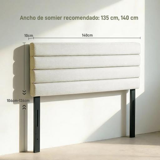Cabecero de Cama 140 cm Tapizado en Lino Altura Ajustable de 3 Niveles 106/116/126 cm Montado a la Pared Beige [1]