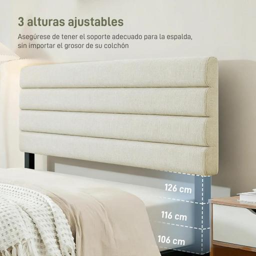 Cabecero de Cama 140 cm Tapizado en Lino Altura Ajustable de 3 Niveles 106/116/126 cm Montado a la Pared Beige [5]