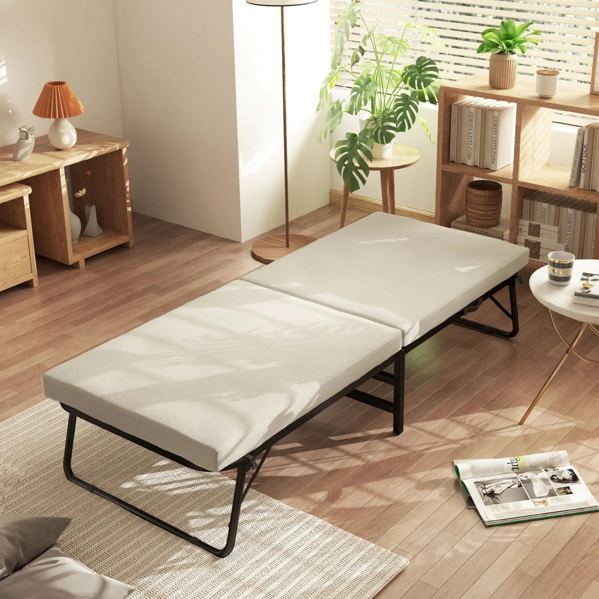 Cama Plegatín Plegable 70x180 cm con Colchón de Espuma Respaldo Ajustable en 5 Posiciones y Ruedas Carga 120 kg Crema