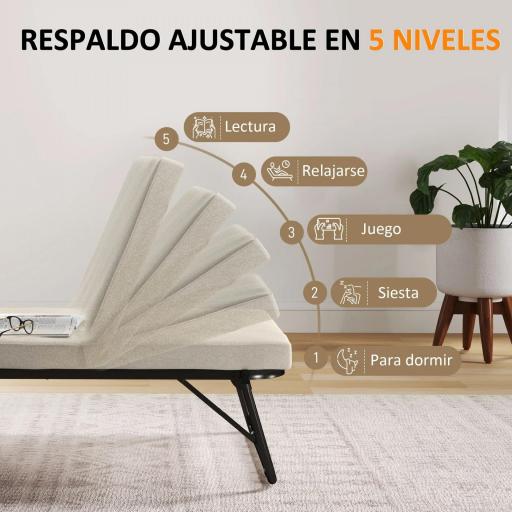 Cama Plegatín Plegable 70x180 cm con Colchón de Espuma Respaldo Ajustable en 5 Posiciones y Ruedas Carga 120 kg Crema [6]