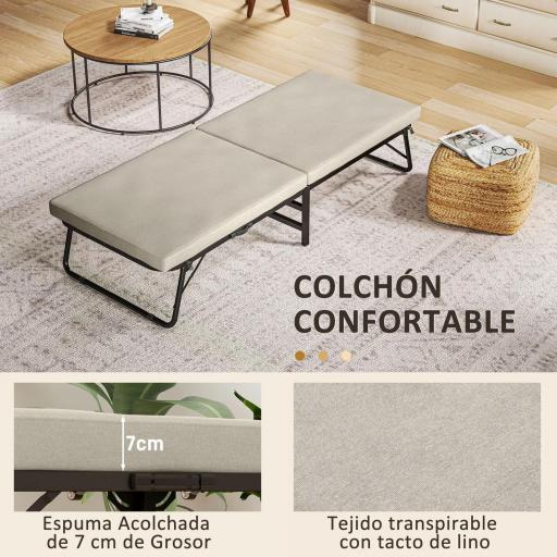 Cama Plegatín Plegable 70x180 cm con Colchón de Espuma Respaldo Ajustable en 5 Posiciones y Ruedas Carga 120 kg Crema [3]