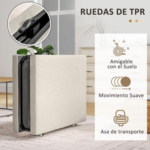 Cama Plegatín Plegable 70x180 cm con Colchón de Espuma Respaldo Ajustable en 5 Posiciones y Ruedas Carga 120 kg Crema [7]