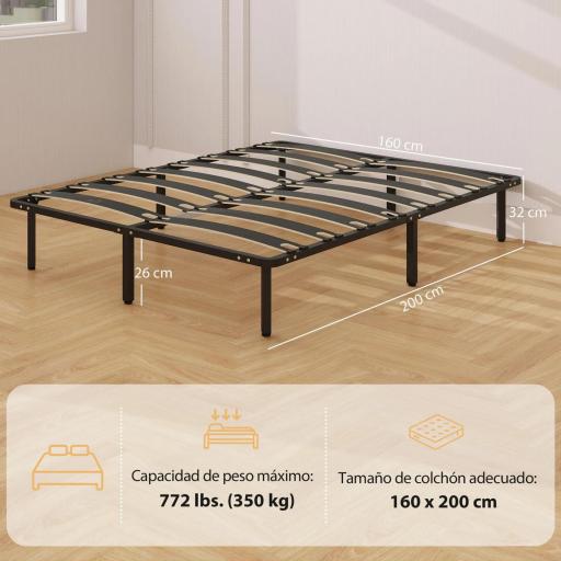 Estructura de Cama 160x200 cm con Marco de Acero Láminas de Álamo y Espacio de Almacenamiento Carga 500 kg Negro [6]