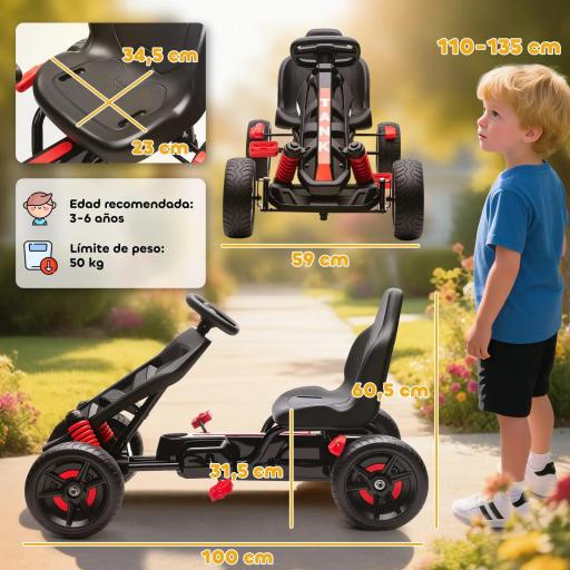 Kart Pedales para Niños de +3 Años con Embrague Automático Freno Ruedas Antideslizantes de EVA y Marco Metálico Rojo [1]