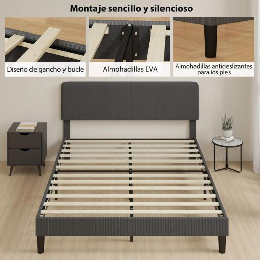Somier 160x200 cm con Cabecero Ajustable Tapizado en Pana Láminas de Madera Fácil de Montar Gris Oscuro [1]