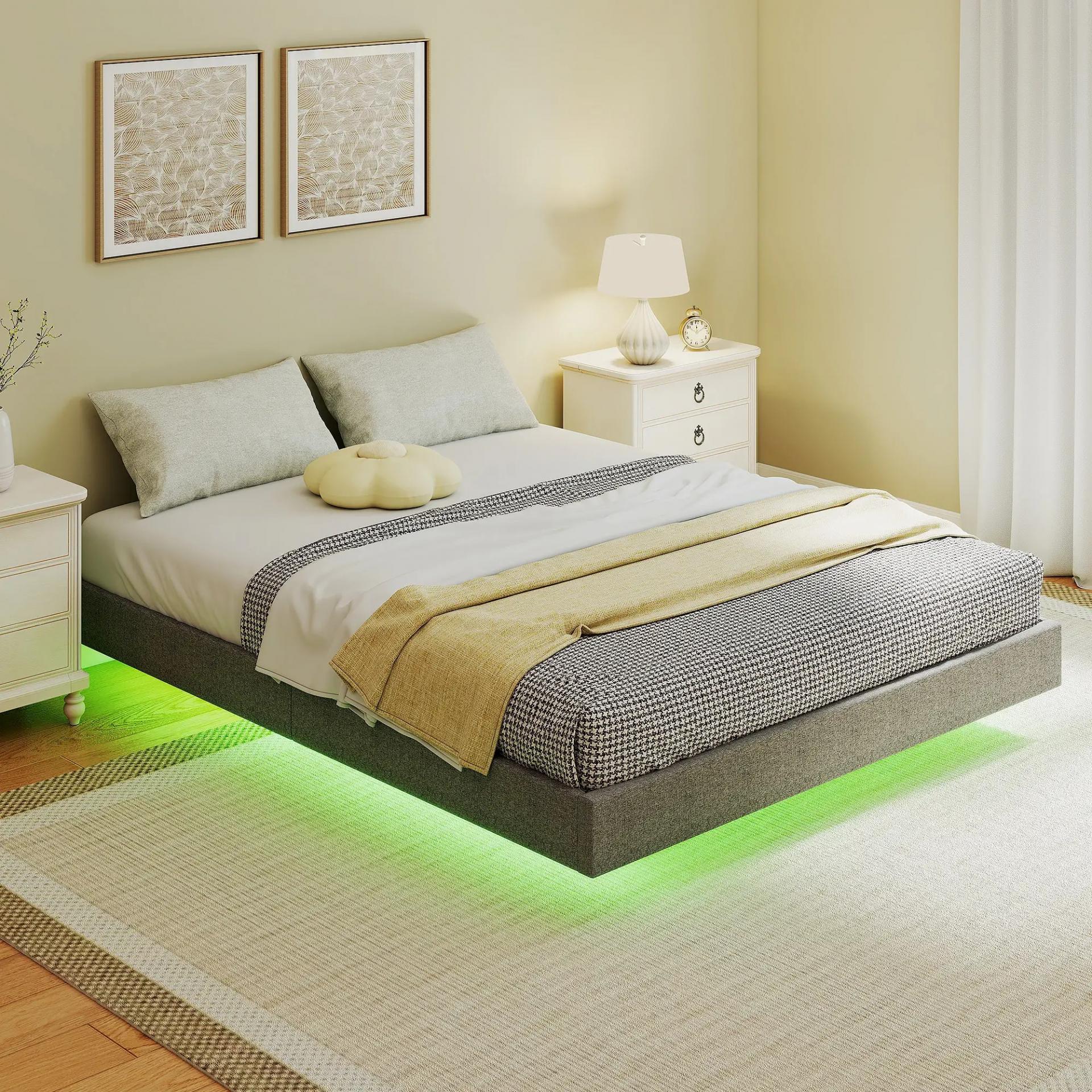 Somier 160x200 cm con Luces LED Estructura de Cama Tapizado en Lino Láminas de Madera Fácil de Montar Gris