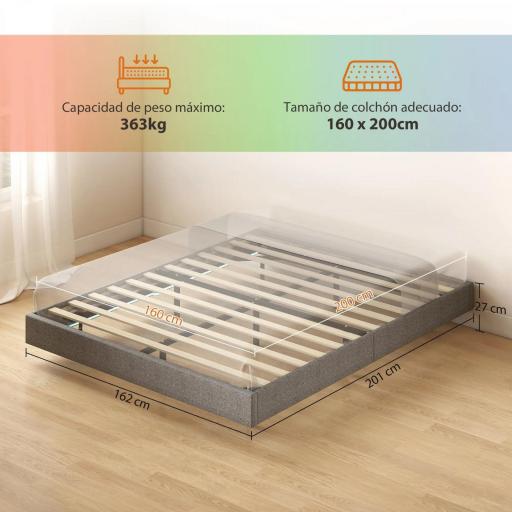 Somier 160x200 cm con Luces LED Estructura de Cama Tapizado en Lino Láminas de Madera Fácil de Montar Gris [2]