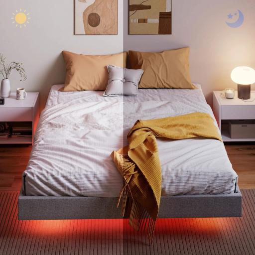 Somier 160x200 cm con Luces LED Estructura de Cama Tapizado en Lino Láminas de Madera Fácil de Montar Gris [7]