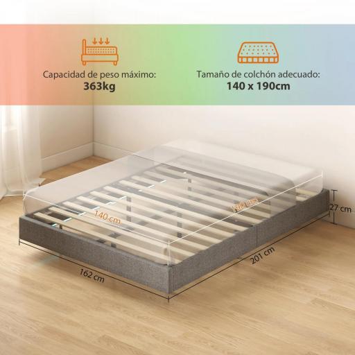 Somier 140x190 cm con Luces LED Estructura de Cama Tapizado en Lino Láminas de Madera Fácil de Montar Gris [1]