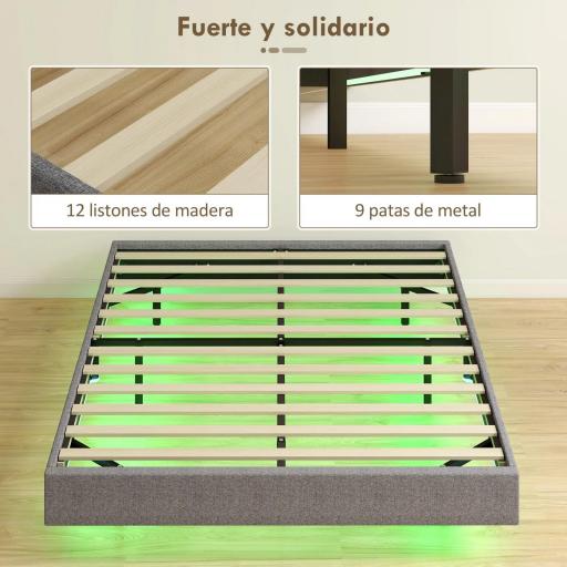 Somier 140x190 cm con Luces LED Estructura de Cama Tapizado en Lino Láminas de Madera Fácil de Montar Gris [4]
