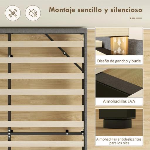 Somier 140x190 cm con Luces LED Estructura de Cama Tapizado en Lino Láminas de Madera Fácil de Montar Gris [3]