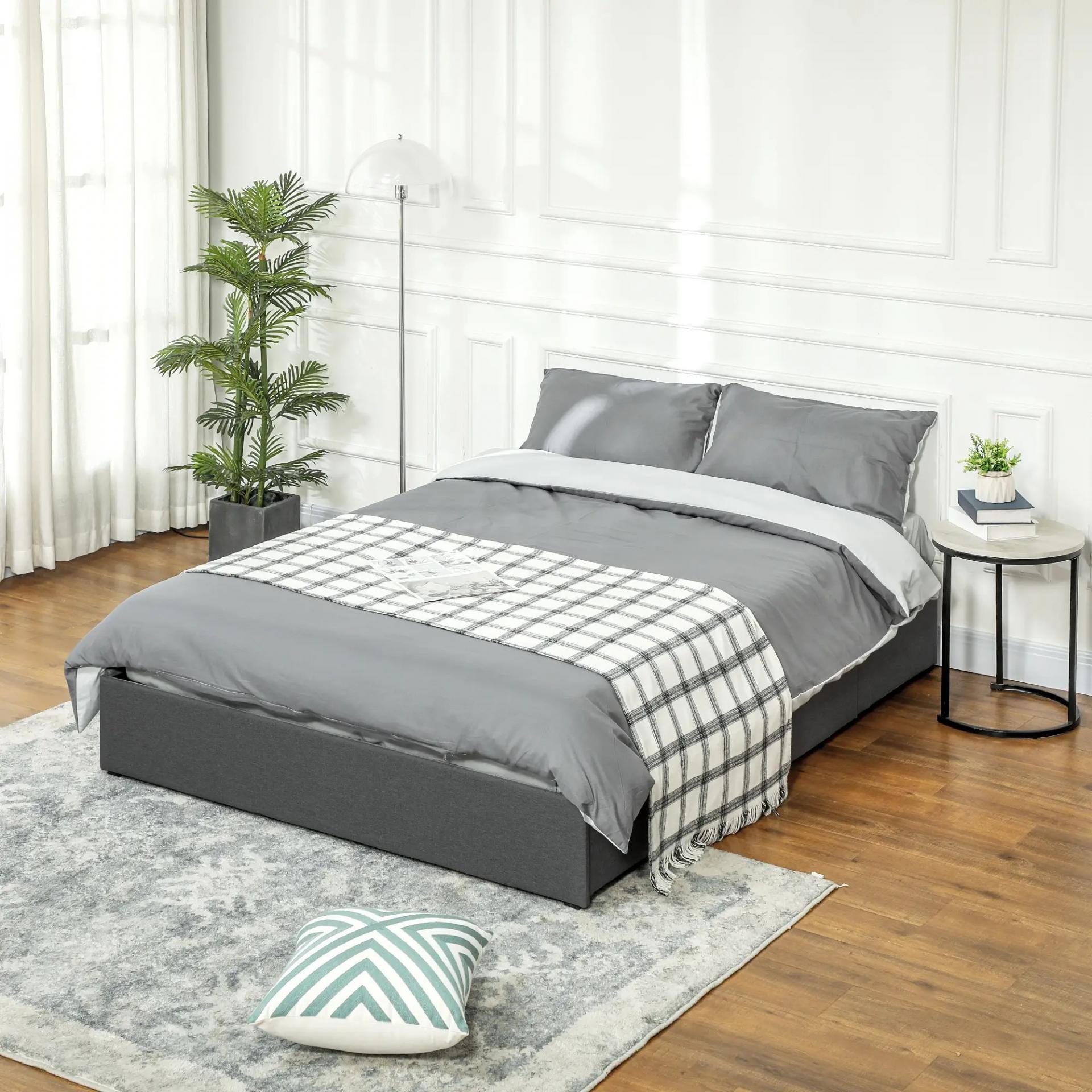 Cama Doble 140x190 cm Somier con 3 Cajones y Estructura de Metal Carga 363 kg Gris