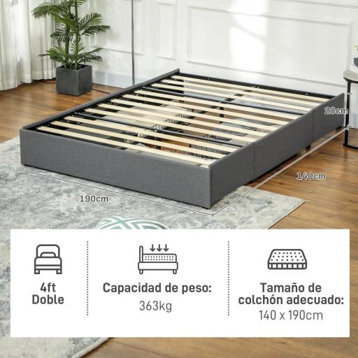 Cama Doble 140x190 cm Somier con 3 Cajones y Estructura de Metal Carga 363 kg Gris [7]