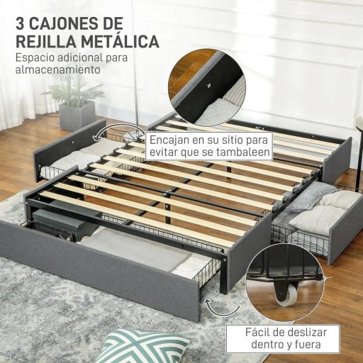 Cama Doble 140x190 cm Somier con 3 Cajones y Estructura de Metal Carga 363 kg Gris [8]