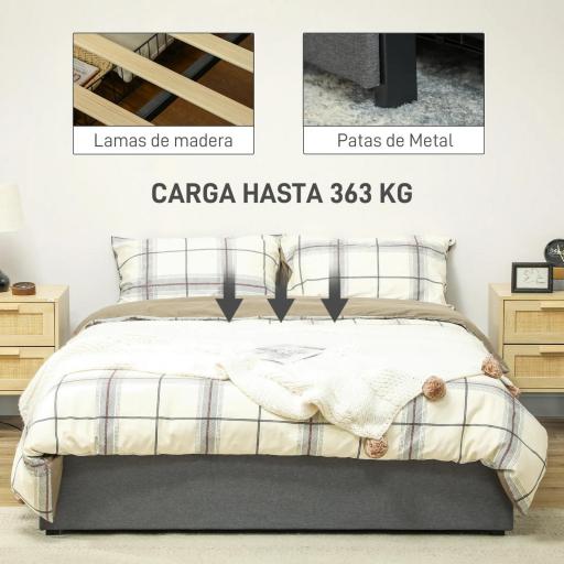 Cama Doble 140x190 cm Somier con 3 Cajones y Estructura de Metal Carga 363 kg Gris [4]