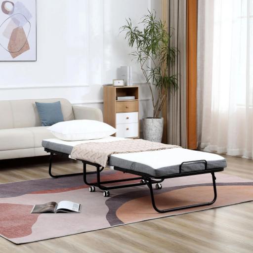 Cama Plegable 200x90 cm con 4 Ruedas, Cama de Camping Portátil, con Colchón Individual de 10 cm, Marco de Acero, Carga 150 kg, para Dormitorio, Salón, Oficina, Blanco