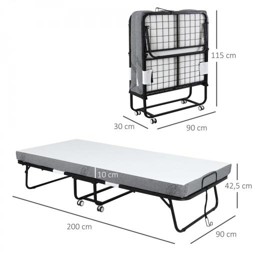 Cama Plegable 200x90 cm con 4 Ruedas, Cama de Camping Portátil, con Colchón Individual de 10 cm, Marco de Acero, Carga 150 kg, para Dormitorio, Salón, Oficina, Blanco [1]
