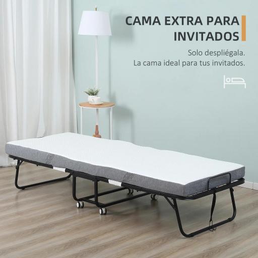 Cama Plegable 200x90 cm con 4 Ruedas, Cama de Camping Portátil, con Colchón Individual de 10 cm, Marco de Acero, Carga 150 kg, para Dormitorio, Salón, Oficina, Blanco [4]