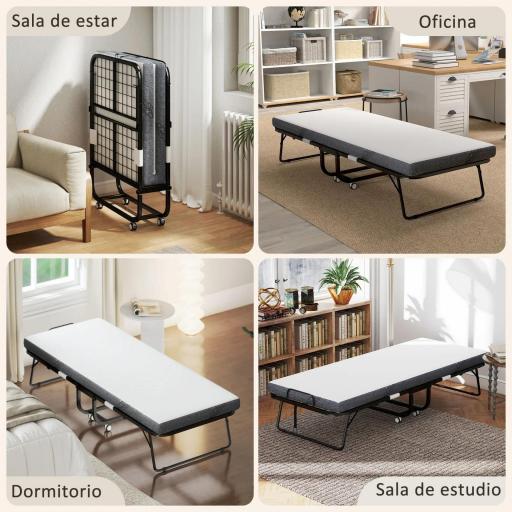 Cama Plegable 200x90 cm con 4 Ruedas, Cama de Camping Portátil, con Colchón Individual de 10 cm, Marco de Acero, Carga 150 kg, para Dormitorio, Salón, Oficina, Blanco [2]