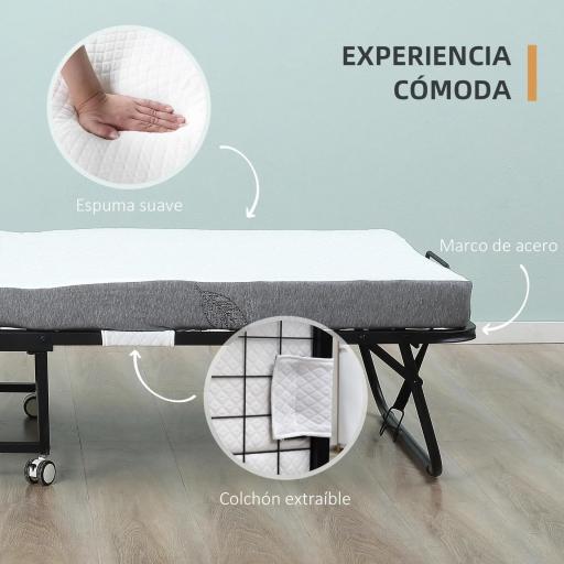 Cama Plegable 200x90 cm con 4 Ruedas, Cama de Camping Portátil, con Colchón Individual de 10 cm, Marco de Acero, Carga 150 kg, para Dormitorio, Salón, Oficina, Blanco [3]