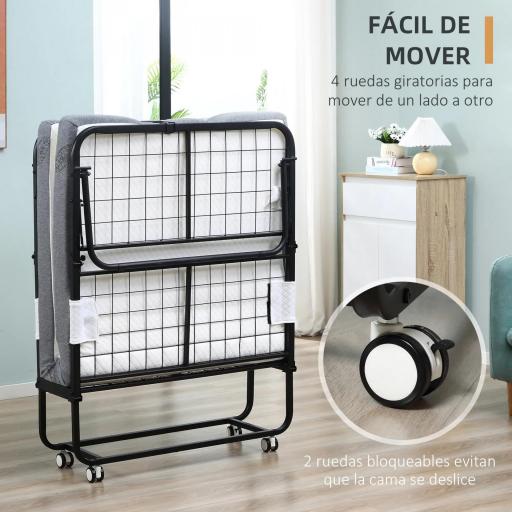 Cama Plegable 200x90 cm con 4 Ruedas, Cama de Camping Portátil, con Colchón Individual de 10 cm, Marco de Acero, Carga 150 kg, para Dormitorio, Salón, Oficina, Blanco [6]