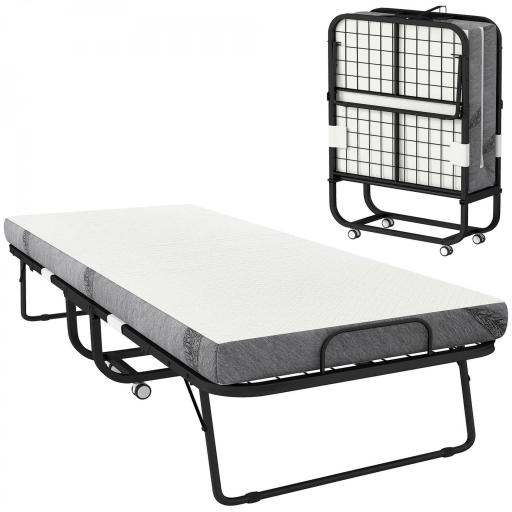Cama Plegable 200x90 cm con 4 Ruedas, Cama de Camping Portátil, con Colchón Individual de 10 cm, Marco de Acero, Carga 150 kg, para Dormitorio, Salón, Oficina, Blanco [9]