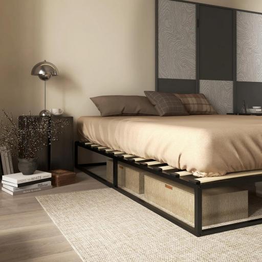 Marco de Cama de 180 cm Estructura de Cama de Acero con Somier de Listones de Madera Contrachapada 180x200x25 cm Negro [4]