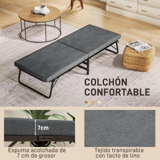 Cama Plegatín Plegable 70x180 cm con Colchón de Espuma con Respaldo Ajustable en 5 Posiciones y Ruedas Carga 120 kg Gris [3]