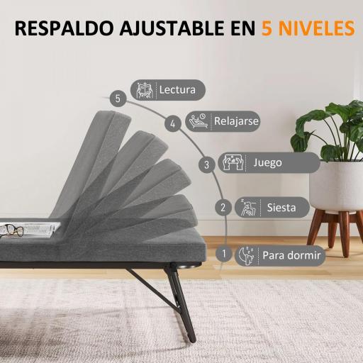 Cama Plegatín Plegable 70x180 cm con Colchón de Espuma con Respaldo Ajustable en 5 Posiciones y Ruedas Carga 120 kg Gris [6]