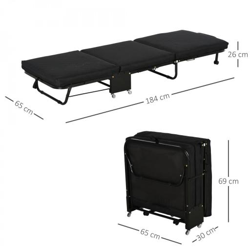 Cama Abatible 184x65 cm con Cabecera Ajustable Ruedas Universales y Estructura de Metal Carga Máx. 120 kg Negro [6]