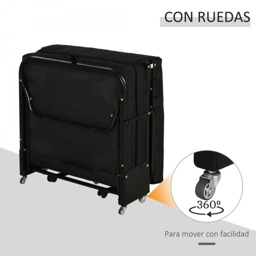 Cama Abatible 184x65 cm con Cabecera Ajustable Ruedas Universales y Estructura de Metal Carga Máx. 120 kg Negro [2]
