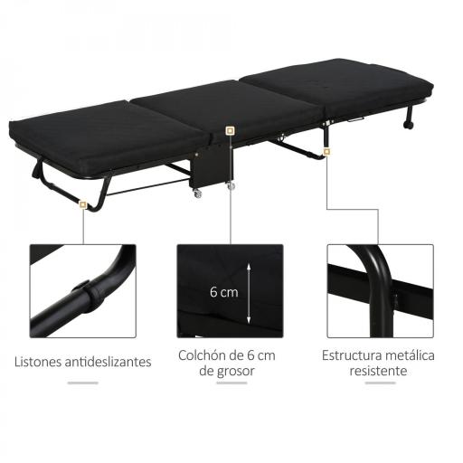 Cama Abatible 184x65 cm con Cabecera Ajustable Ruedas Universales y Estructura de Metal Carga Máx. 120 kg Negro [7]
