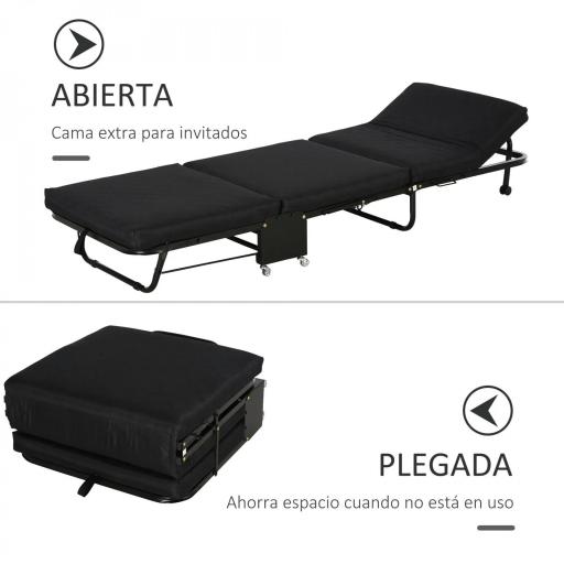 Cama Abatible 184x65 cm con Cabecera Ajustable Ruedas Universales y Estructura de Metal Carga Máx. 120 kg Negro [1]