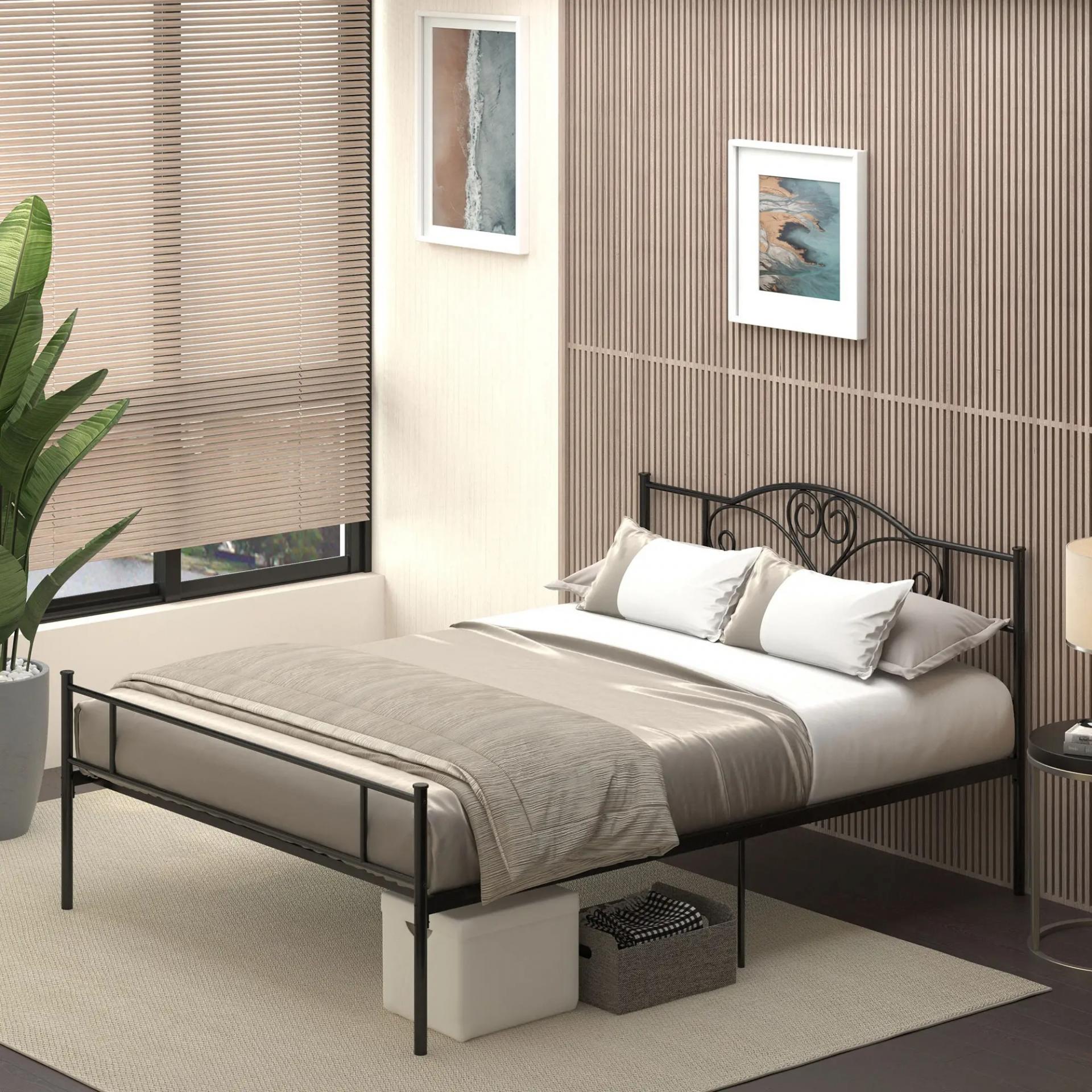 Marco de Cama Doble de Metal para Colchón 150x200 cm con Cabecera y Patas de 31 cm Estructura de Cama Matrimonio con Espacio Bajo de Almacenamiento 158x211x106 cm Negro
