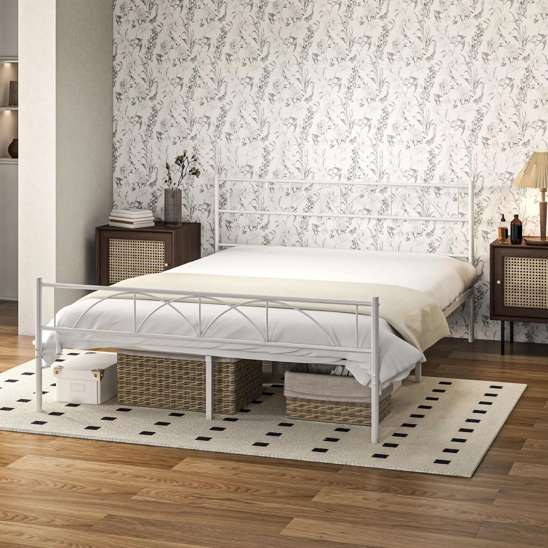 Cama Doble 150x200 cm con Cabecera Listones de Acero y Espacio de Almacenamiento Debajo de la Cama Carga 330 kg Blanco
