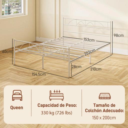 Cama Doble 150x200 cm con Cabecera Listones de Acero y Espacio de Almacenamiento Debajo de la Cama Carga 330 kg Blanco [1]