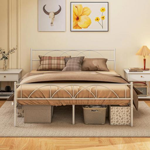Cama Doble 150x200 cm con Cabecera Listones de Acero y Espacio de Almacenamiento Debajo de la Cama Carga 330 kg Blanco [6]