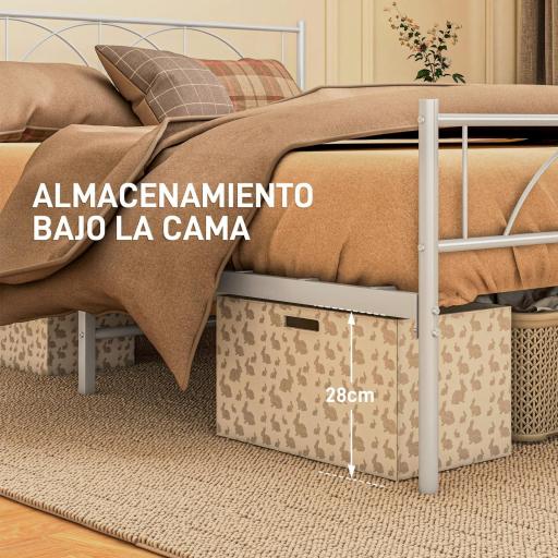 Cama Doble 150x200 cm con Cabecera Listones de Acero y Espacio de Almacenamiento Debajo de la Cama Carga 330 kg Blanco [2]