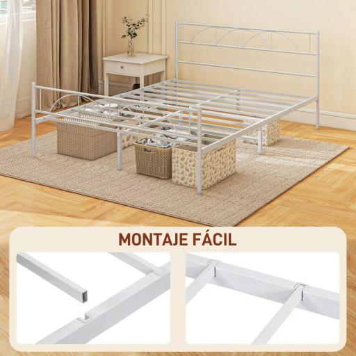 Cama Doble 150x200 cm con Cabecera Listones de Acero y Espacio de Almacenamiento Debajo de la Cama Carga 330 kg Blanco [3]