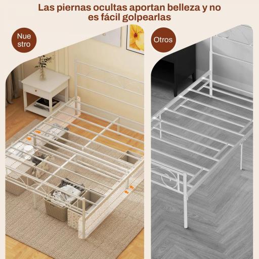 Cama Doble 135x190 cm con Cabecera Listones de Acero y Espacio de Almacenamiento Debajo de la Cama Carga 330 kg Blanco [2]